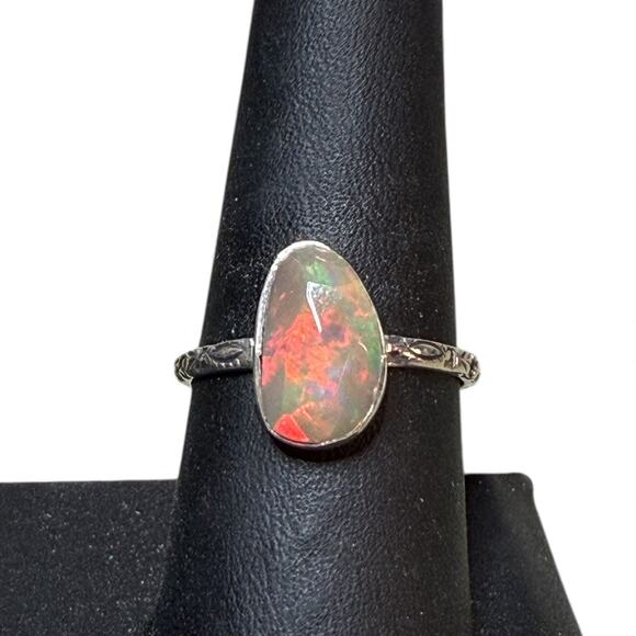 Pear Rose Cut Natural Ethiopian Opal Ring 925 Sterling Silver Size 9 Carved Band - Picture 1 of 5